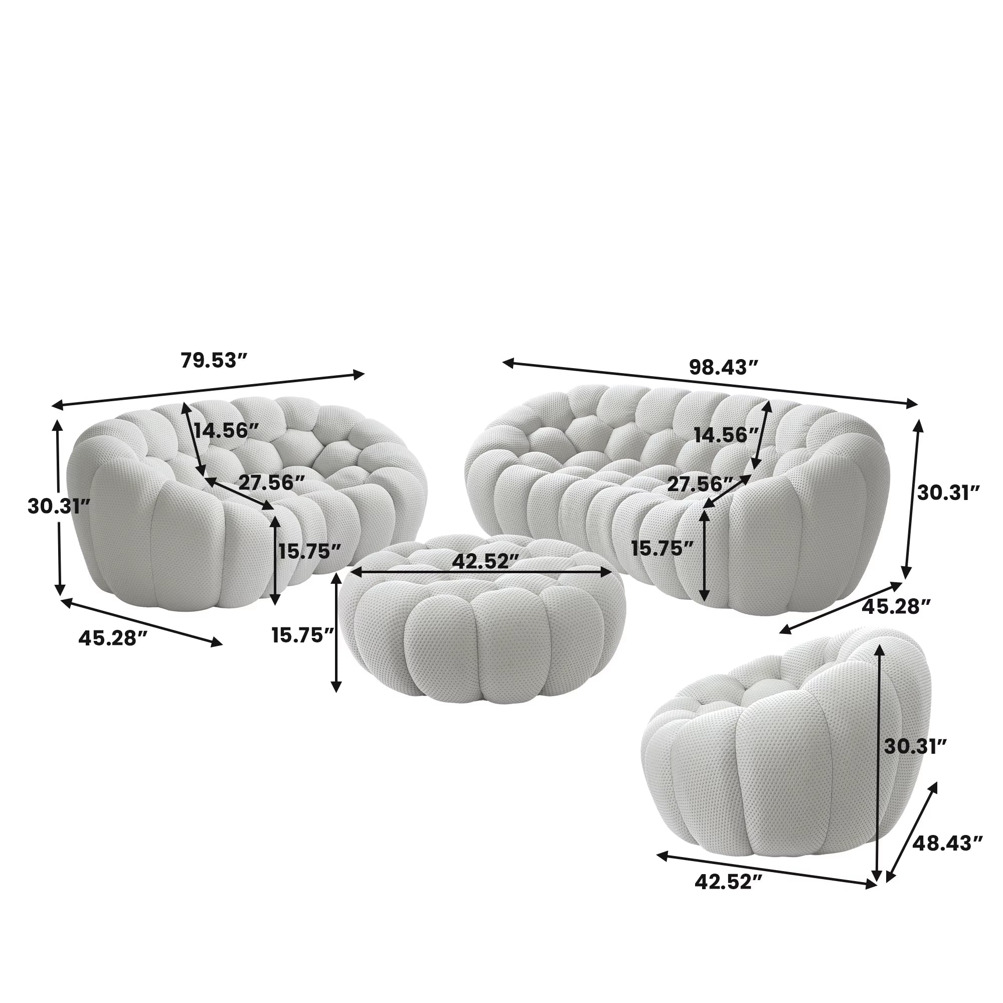 VOXHOME Vacuum Compressed Modern Living Room Apartment Light Grey Bubble Sofa 1 2 3 Seater Curved Football Sofas Couch Set