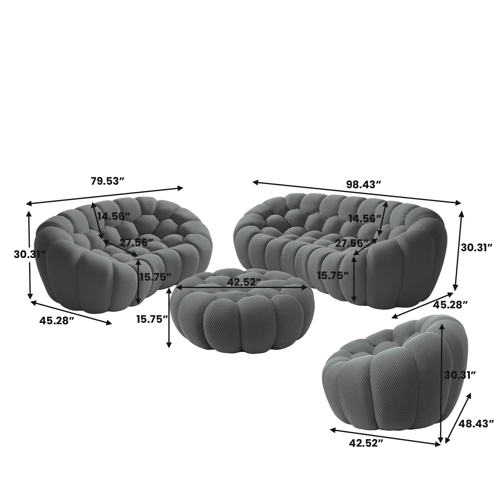 VOXHOME Vacuum Compressed Modern Living Room Apartment Light Grey Bubble Sofa 1 2 3 Seater Curved Football Sofas Couch Set